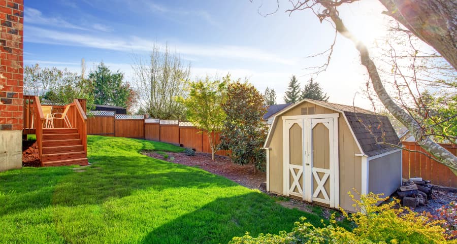 Fenced backyard with storage shed in Erie