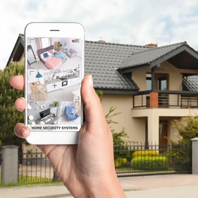 Erie vivint phone display of cctv live feed in front of a house